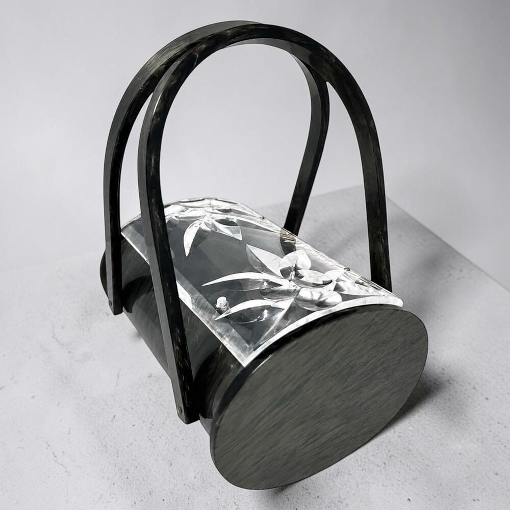 Original Rialto NY Vintage 1950s Lucite Handbag Gray Black Carved Floral Lid
